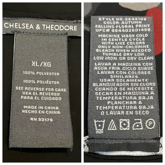 Chelsea & Theodore Tunic Top V-neck Chiffon Black Red Floral Women’s Size XL - Picture 9 of 11